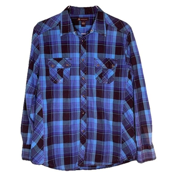 INC Pearlsnap Western Men’s Large Blue Flannel Long sleeve Shirt - Picture 1 of 4